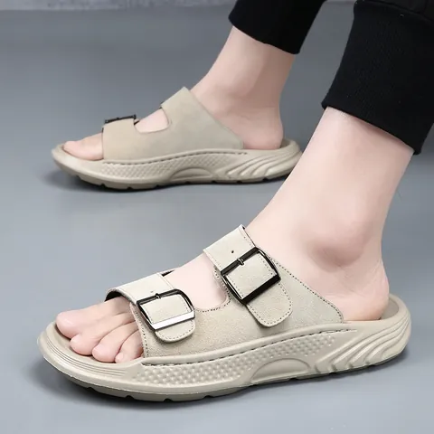 Sandales Décontractées en Daim de Vache pour Hommes Double Boucle Réglable Plateforme Mules d'Été Plage Antidérapantes Légères