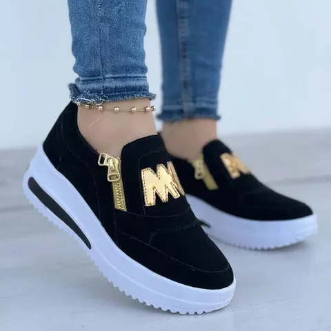 Women Casual Platform Shoes European Style Side Zipper PU Leather Round Toe Thick Bottom Flat Shoes With Metal Letter Decoration