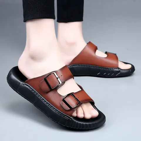 Sandales en Cuir de Vachette Première Couche pour Hommes Mules d'Été Antidérapantes Semelle Souple Chaussures Plage Mode Double Boucle