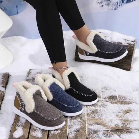 Dames Warme Winter Sneeuwlaarzen Kunstleer Katoenen Schoenen Met Imitatiebontvoering Antislip Platte Casual Schoenen Grote Maat Binnen Buiten