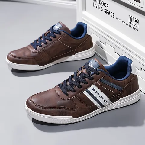 Men's Business Casual Skate Shoes Vintage Synthetic Leather Breathable Low Top Sneakers Non-Slip Rubber Sole Fashion Footwear
