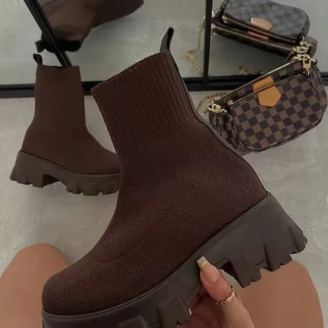 Women Mesh Knitted Sock Sneakers Platform Slip-on Ankle Boots Mid Calf Casual Sports Walking Shoes For Autumn Winter