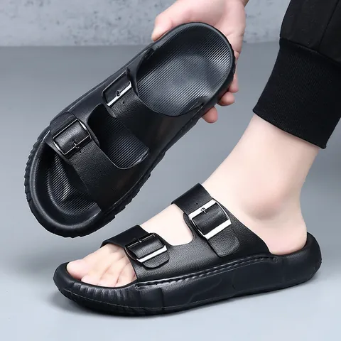 Sandales en Cuir de Vachette de Première Couche pour Hommes Mules d'Été à Double Boucle Chaussures de Plage Antidérapantes Semelle Épaisse EVA