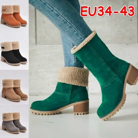 Women Western Block Heel Snow Boots Artificial Sherpa Trim Faux Suede Mid-Calf Winter Warm Cotton Shoes Outdoor Non-Slip