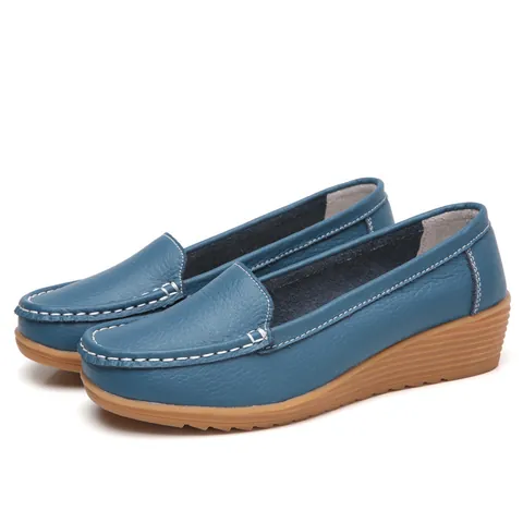 Damen Casual Spaltleder Keilabsatz Loafer Slip On Komfortable Handgenäht Rutschfeste Mittleren Alters Mutter Schuhe