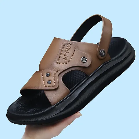 Sandales en Cuir de Vachette de Première Couche pour Hommes Chaussures de Plage Antidérapantes Respirantes Pantoufles Décontractées à Double Usage Sandales à Semelle Epaisse