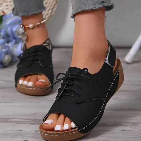 Damen Plateau Peep Toe Sandalen Lässig Schnürung Römer Gladiator Sommer Strand Reise Schuhe Komfortable PU Leder Dicke Sohle Klettverschluss Sandalen