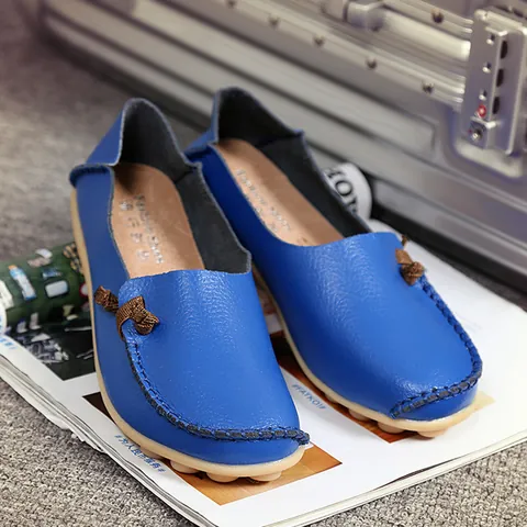 Damen Spaltleder Rindsleder Slipper Atmungsaktiv Weich Moccasins Nursing Schuhe Schleife Lässig Flache Fahrerschuhe