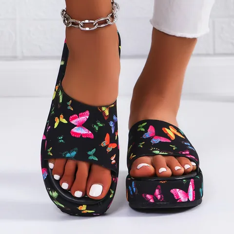 Women Platform Slippers PU Rubber Anti-Slip Soft Sole Thick Bottom Casual Home Outdoor Slides Summer Fashion Printed Shoes