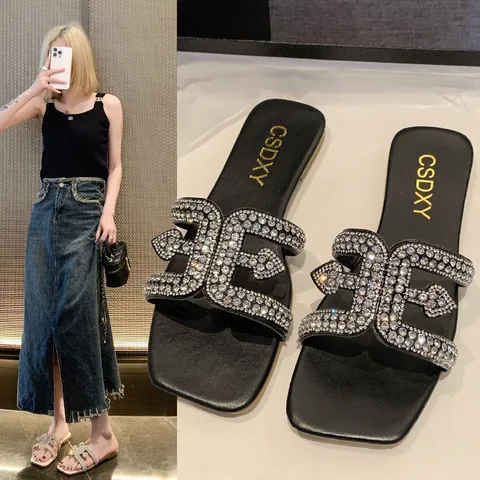 Women's Rhinestone Flat Slippers Korean Style Square Toe Single Band Slides PU Rubber Sole Casual Bling Home Sandals