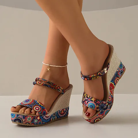 Women's Ethnic Wedge Sandals Summer Leopard Floral Print Platform Sandals Peep Toe Roman Buckle Strap Straw Texture Shoes