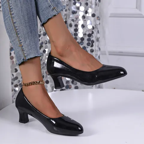 French Pointed Toe Block Heel Pumps For Women Patent Leather Office Dress Shoes Elegant Party High Heels