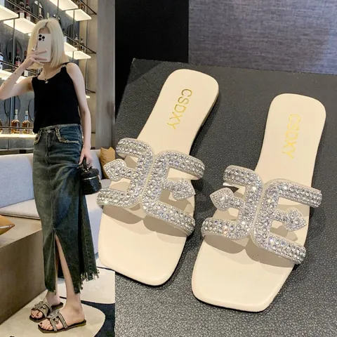 Women's Rhinestone Flat Slippers Korean Style Square Toe Single Band Slides PU Rubber Sole Casual Bling Home Sandals