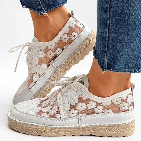 Women Mesh Lace Floral Canvas Shoes Breathable Flower Embroidery Summer Casual Flat Shoes Low Top Sneakers For Ladies