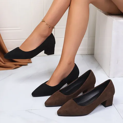 Damen Fashion Spitzschuhe Blockabsatz Pumps Elegant Wildlederimitat Slip-On Büro Arbeitsschuhe Einfach Flacher Ausschnitt High Heels