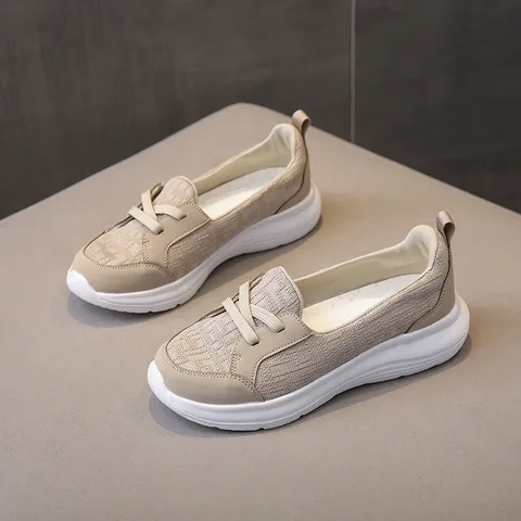 Women Casual Canvas Slip On Sneakers Breathable Mesh Thick Sole Round Toe Walking Shoes Lightweight Flat Loafers For Four Seasons