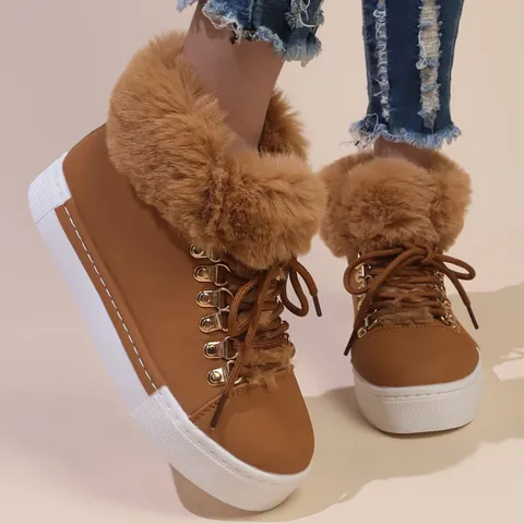 Dames Suède Sneeuwlaarzen Kunstbontrand Winter Warm Plat Platform Vetersluiting Mid Calf Martin Laarzen Effen Kleur Outdoor