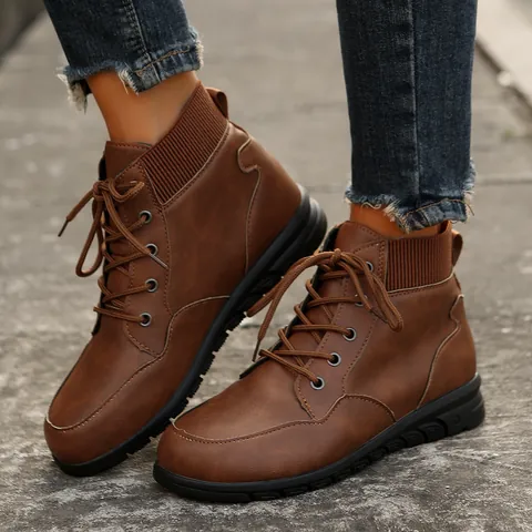 Women Vintage British Style Martin Boots Lace-up Short Ankle Boots Thick Sole PU Leather Knit Cuff Outdoor Shoes