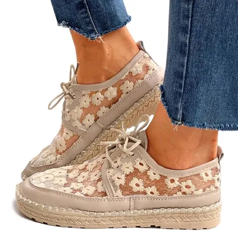 Women Mesh Lace Floral Canvas Shoes Breathable Flower Embroidery Summer Casual Flat Shoes Low Top Sneakers For Ladies
