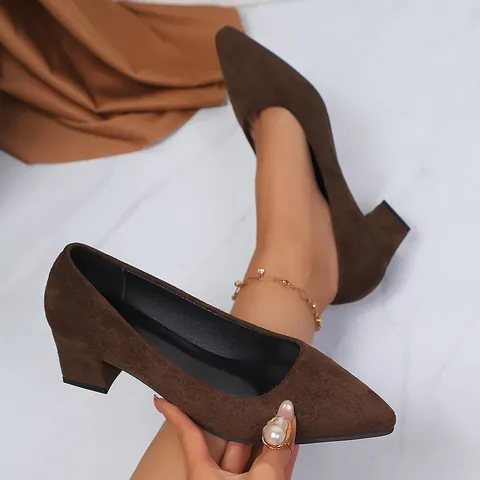 Damen Fashion Spitzschuhe Blockabsatz Pumps Elegant Wildlederimitat Slip-On Büro Arbeitsschuhe Einfach Flacher Ausschnitt High Heels