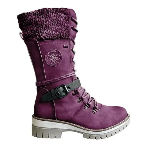 Women Mid-Calf Knight Boots Winter PU Belt Buckle Knit Collar Side Zipper Thick Heel Fleece Lined Plus Size Riding Boots
