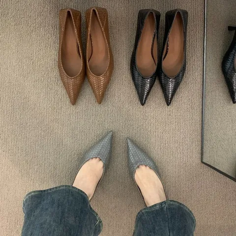 Zapatos de Tacón de Aguja con Punta para Mujer Vintage Francés Textura Tejida Piel de Oveja Tacones Altos Elegantes Zapatos de Oficina