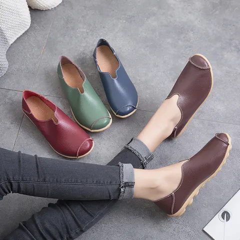 Dames Echt Leer Instappers Zachte Platte Moccasins Casual Moeder Schoenen Effen Kleur Grote Maat 35-44