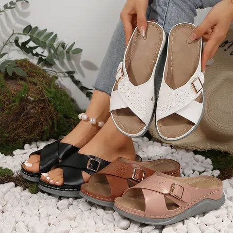 Women Wedge Slippers Summer Beach Sandals Cross Strap Metal Buckle Perforated Thick Sole Casual Comfortable Shoes