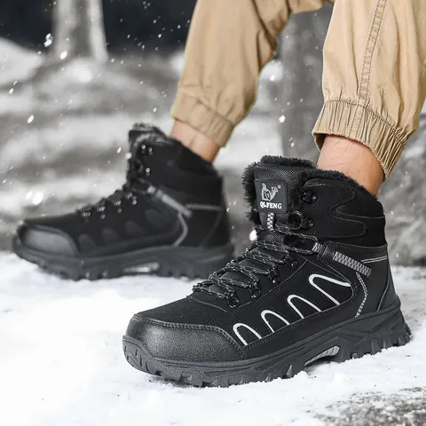 Men's Outdoor Hiking Shoes Winter Warm Fleece Lining Non-Slip Trekking Boots Autumn Suede PU Sports Shoes Mid-Top Sneakers 2511