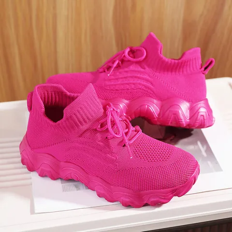 Women's Flyknit Breathable Sock Sneakers Casual Slip-on Walking Shoes Lightweight Wave Sole Sport Shoes Big Size 28-40