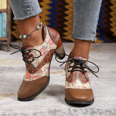 Women's Ethnic Style Ankle Boots Vintage Floral Print Chunky High Heel Pointed Toe Lace Up Martin Boots For Women Daily Party