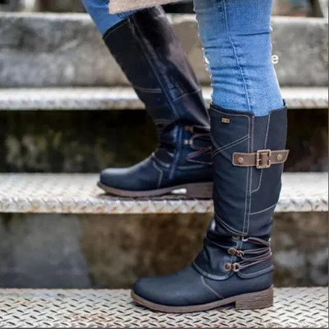 Stivali Alti Donna Retro in Ecopelle Tacco Quadrato Cerniera Laterale Tinta Unita Caldi Impermeabili Stivali da Cavaliere Donna