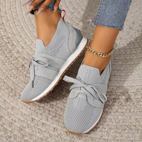 Women's Casual Breathable Flying Woven Mesh Sneakers Comfortable Wedge Heel Lace-up Bow Walking Shoes Fashion Solid Color Lightweight Loafers