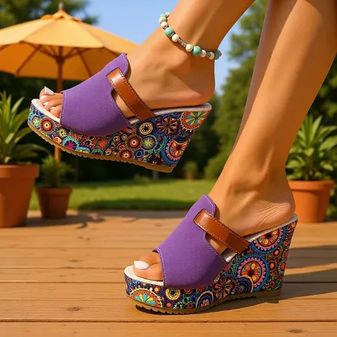 Women Bohemian Mandala Print Wedge Sandals Platform Summer Fashion Canvas Open Toe Slides Buckle Strap Roman Beach Shoes
