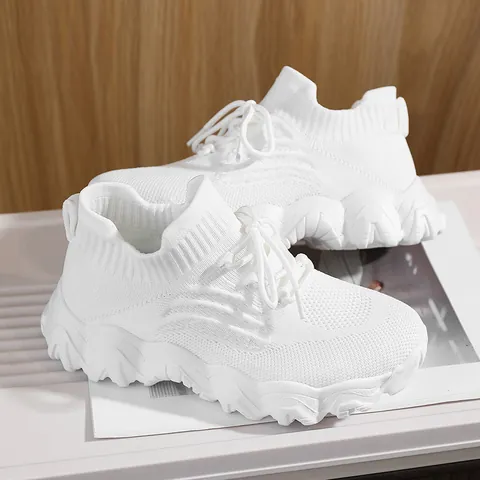 Women's Flyknit Breathable Sock Sneakers Casual Slip-on Walking Shoes Lightweight Wave Sole Sport Shoes Big Size 28-40
