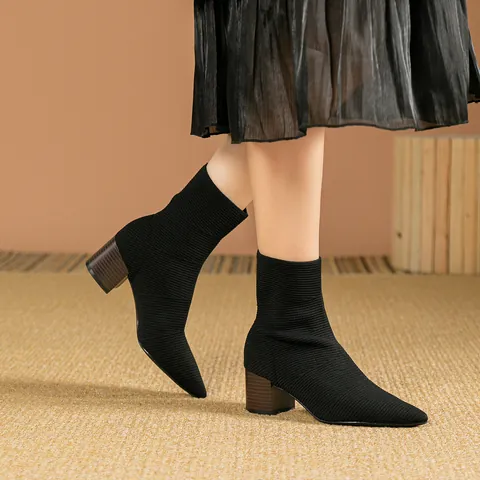 Women's Pointed Toe Sock Ankle Boots Stretchy Knitted Chunky High Heel Boots Solid Color Western Style Fashion Shoes