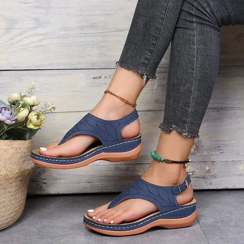 Women's Casual Embroidered Thong Wedge Sandals Bohemia Open Toe Ankle Buckle Strap Sandals Summer Beach Shoes Plus Size