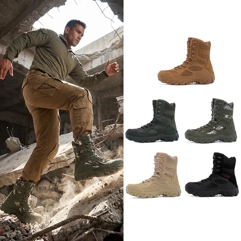Stivali Tattici da Combattimento Uomo Outdoor High Top Scarpe da Trekking Allenamento Suede Mesh Suola in Gomma Antiscivolo Desert Boots Con Cerniera Laterale