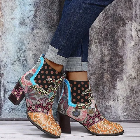 Women Bohemian Ethnic Martin Boots PU Leather Patchwork Floral Print Chunky High Heel Short Ankle Boots Side Zipper Shoes