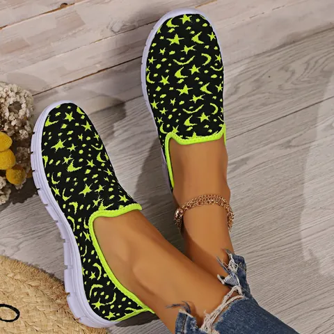 Zapatos Planos Casuales de Malla para Mujer Estampado Estrellas y Luna Transpirables Flyknit Sin Cordones Suela Blanda