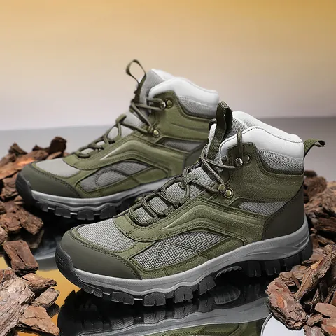 Men Mid-Top Outdoor Hiking Shoes Breathable Mesh Suede Patchwork Trekking Sneakers Non-Slip Wear-Resistant Climbing Boots