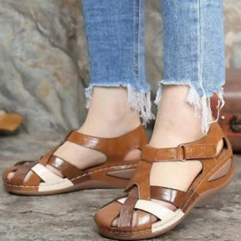 Women Retro Wedge Sandals European Roman Style Round Toe Cross Buckle Strap PU Leather Comfort Fashion Summer Sandals