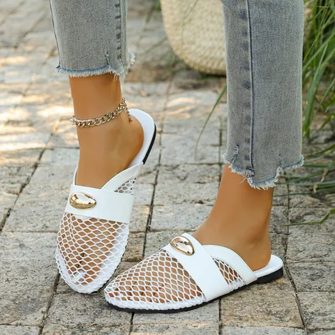 Women's Fashion Mesh Hollow Out Flat Slippers Patent Leather Trim Gold Buckle Breathable Tabi Mules Casual Beach Shoes