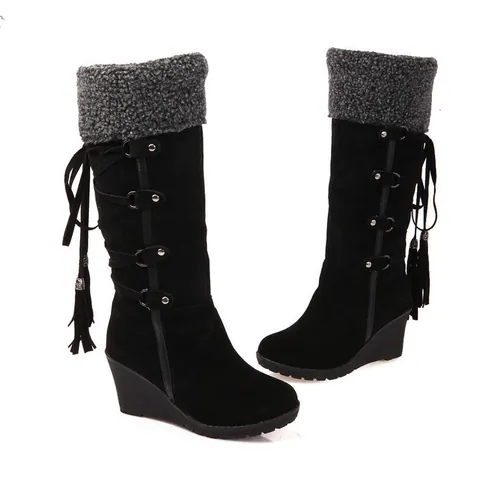 Women Tall Snow Boots Wedge Heel Cow Suede Boots Back Lace Up Tassel Faux Fur Lining Winter Warm Wedge Boots