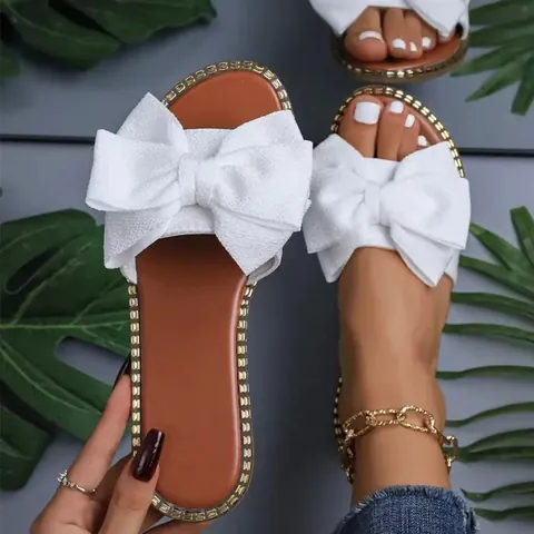 Women Casual Flat Slippers With Large Bowknot Rhinestone Trim Lightweight Cotton Upper Solid Color Beach Slides For Summer