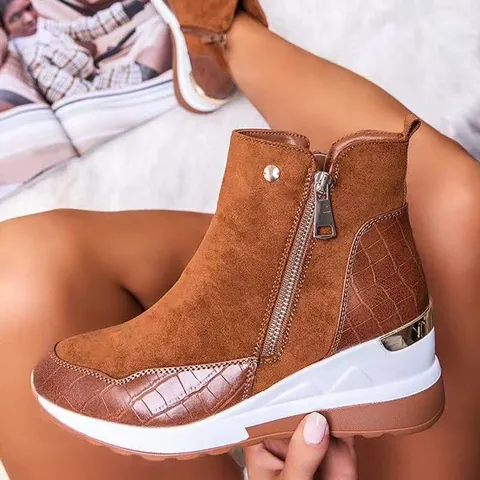 Botas de Nieve con Cuña de Invierno para Mujer Gamuza Sintética PU Botines Martin Cálidos Antideslizantes Patrón de Cocodrilo Cremallera Lateral