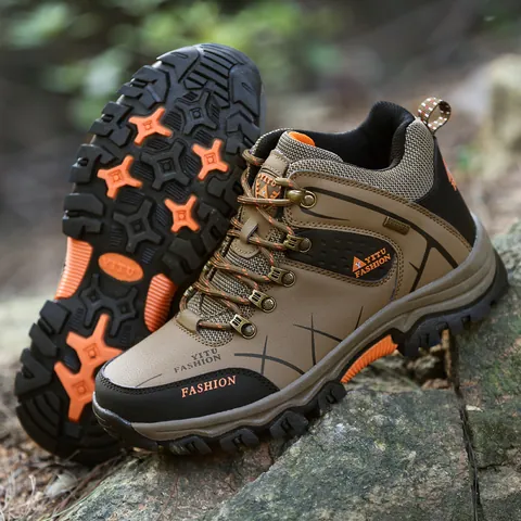 Unisex High-Top Hiking Shoes Waterproof Non-Slip Trekking Boots Durable Synthetic Leather Outdoor Athletic Sneakers Rubber Sole