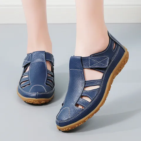 Damen Retro Rindsleder Sandalen Aushöhlen Atmungsaktiv Weiche Sohle Flache Freizeitschuhe Mit Klettverschluss