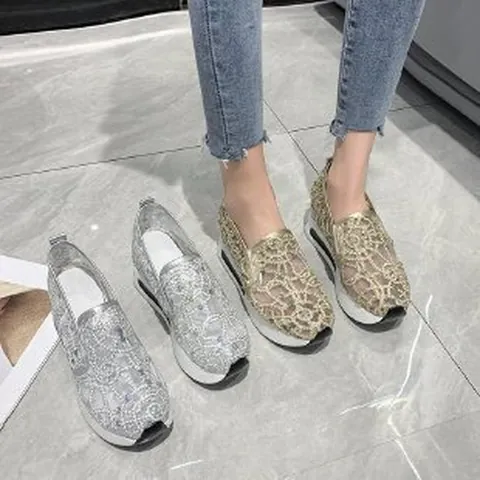 Women's Mesh Embroidered Wedge Platform Sneakers Breathable Height Increasing Slip On Casual Loafers With Rhinestone