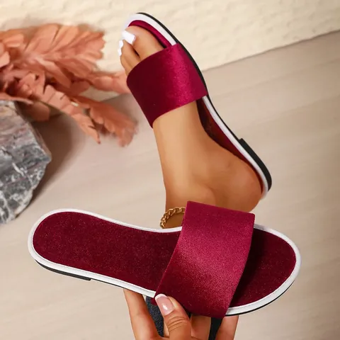 Women's Summer Satin Slides Anti-Slip Indoor Slippers For Wedding Party Flat Velvet One-Band Sandals Casual Home Shoes